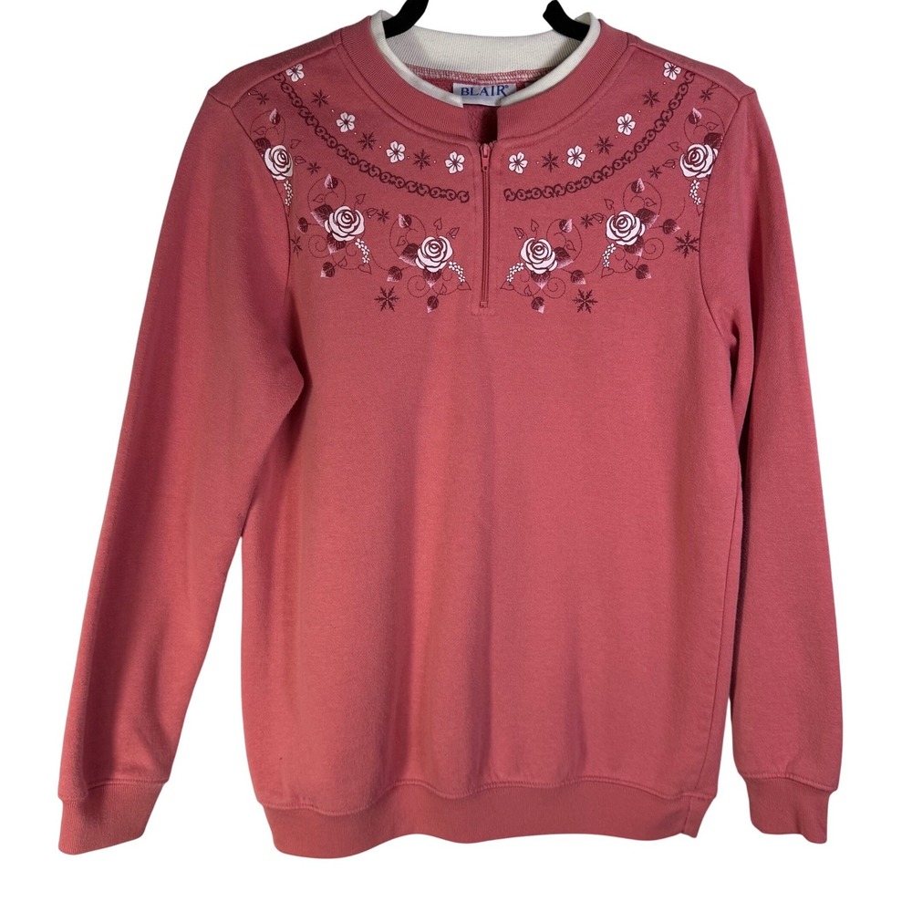 Blair Womens Pink Floral Embroidered Quarter Zip Sweatshirt Small Rose Fleece